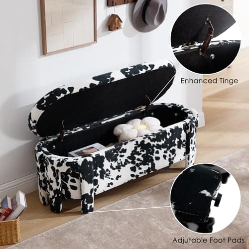 Modern Upholstered Storage Bench, Velvet Fabric 47 Long Entryway Bench with Storage and Seating, Cow Pattern