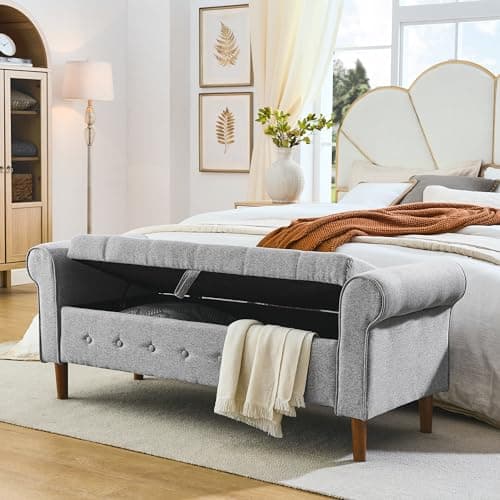 Button Tufted Storage Bench for Bedroom, Linen Fabric Upholstered Ottoman Bench (Dark Grey)