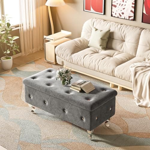 Velvet Upholstered Storage Bench with Safety Hinge