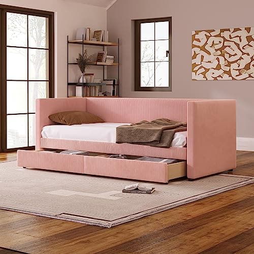 Velvet Daybed with Storage Drawers and Striped Headboard Design