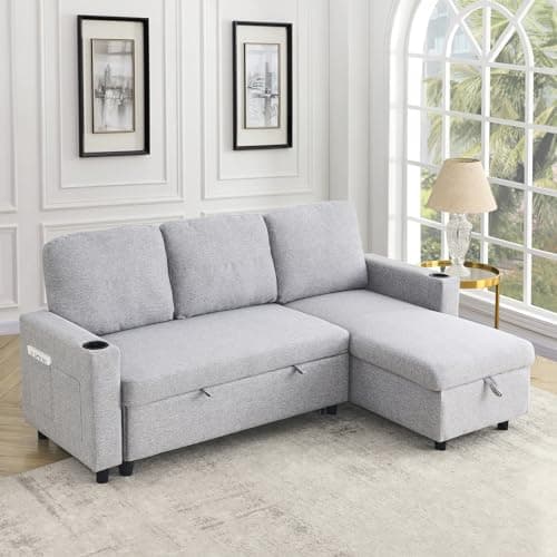Linen L Shape Couch Sofa with Storage Chaise&Sleeper Pull Out Bed