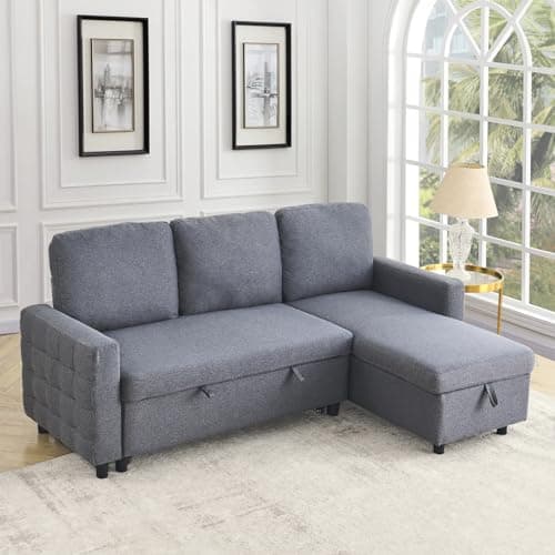 Linen L Shape Convertible Sectional Sofa with Pull Out Bed and Storage Chaise