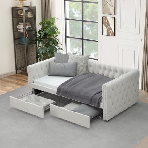 Velvet Upholstered Twin Daybed with Storage Drawers and Nailhead Trim