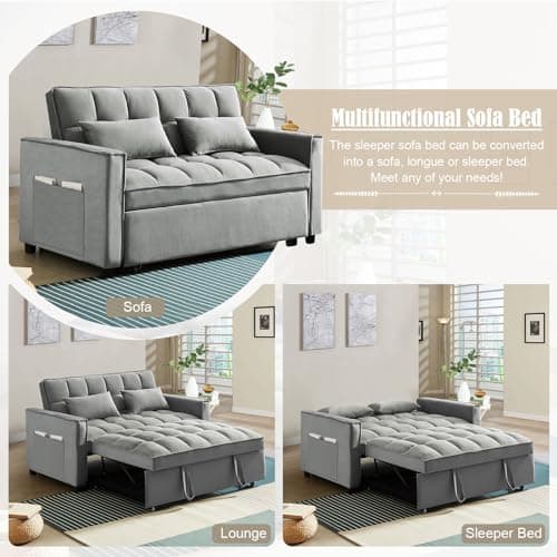 Convertible Sleeper Sofa Bed, Velvet Upholstered Futon Couch with Adjustable Backrest (Grey)