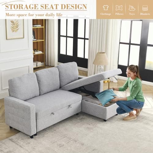 Linen L Shape Convertible Sectional Sofa with Pull Out Bed and Storage Chaise