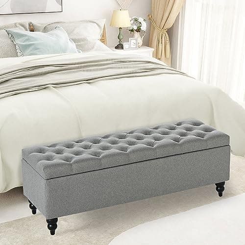 End of Bed Storage Ottoman Bench, Button Tufted Upholstered - Grey