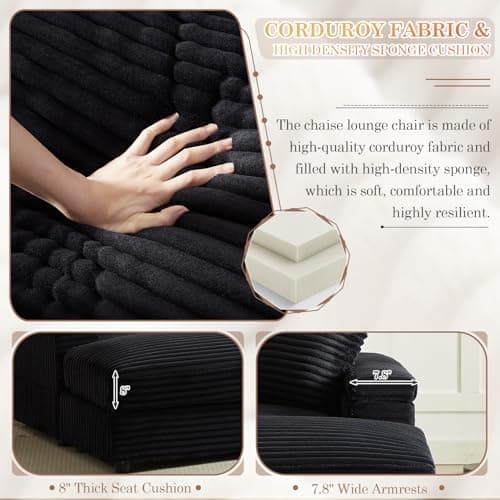 Modern Oversized Chaise Lounge Chair with Ottoman, Corduroy Upholstered, Black (1 Seater)