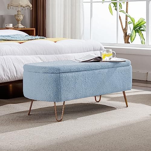 Sherpa Upholstered Storage Ottoman Bench with Gold Legs