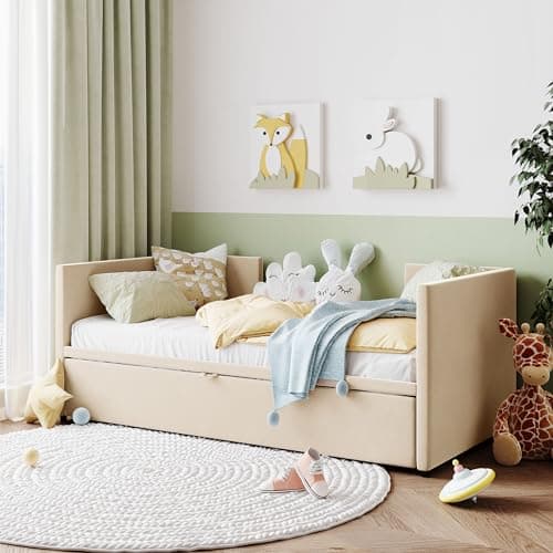 Velvet Daybed with Storage Drawers and Striped Headboard Design