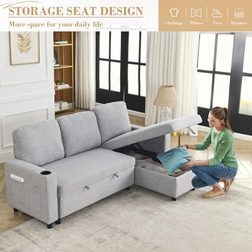 Linen L Shape Couch Sofa with Storage Chaise&Sleeper Pull Out Bed