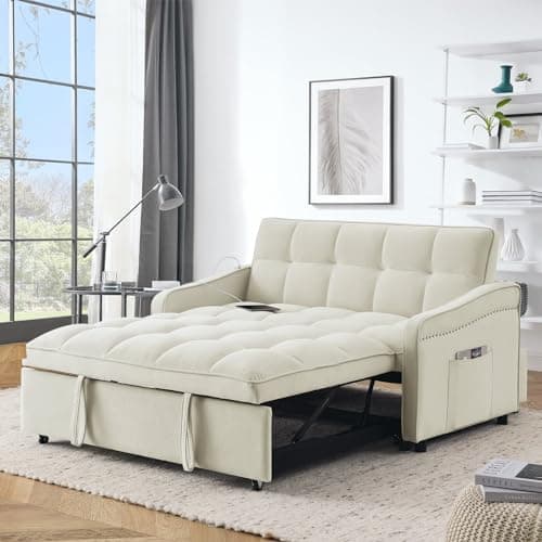 Modern Velvet Sleeper Sofa Couch with USB Port, Pull Out Bed, Curved Armrest - Grey