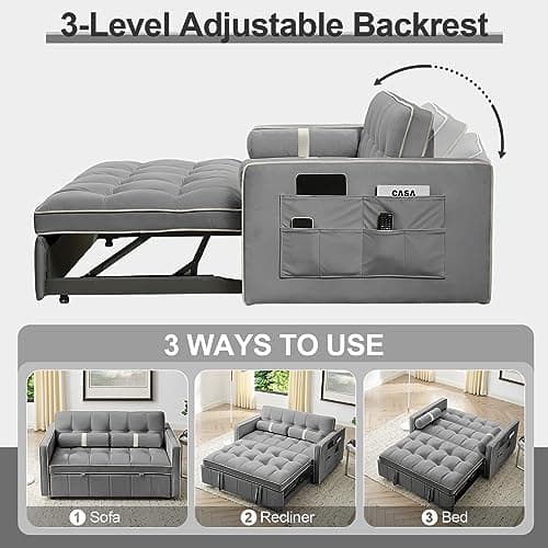 3-in-1 Sleeper Sofa Bed with Velvet Tufted Pull Out Couch, Adjustable Backrest (Grey)