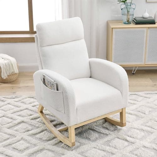 Modern Nursery Rocking Chair with Side Pockets & Solid Wood Legs (Fabric-Beige)
