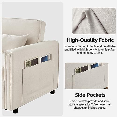 JEEOHEY 3-in-1 Convertible Sleeper Sofa Bed, 54 Linen Fabric Modern Pull Out Couch Bed, Comfy Futon Love Seat Sofa with Adjustable Backrest & Pillows, Beige