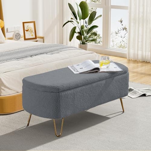 Sherpa Upholstered Storage Ottoman Bench with Gold Legs