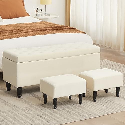 Off White Bedroom Bench with 2 Ottoman Footrests and Storage