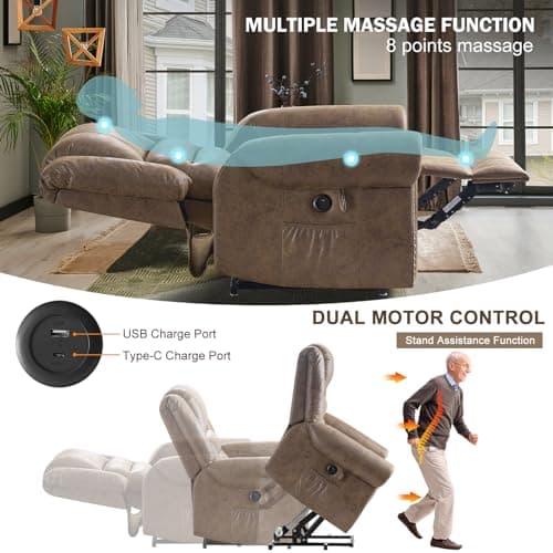 Dual Motor Power Lift Recliner Chair for Elderly with Heat and Massage, Large Infinite Position Electric Chairs for Seniors, Light Brown
