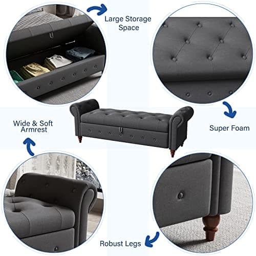 Button Tufted Storage Bench for Bedroom, Linen Fabric Upholstered Ottoman Bench (Dark Grey)