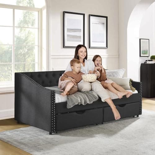 JEEOHEY Daybed with Storage, Linen Twin Sofa Bed with Nailhead Trim & 2 Drawers (Black)