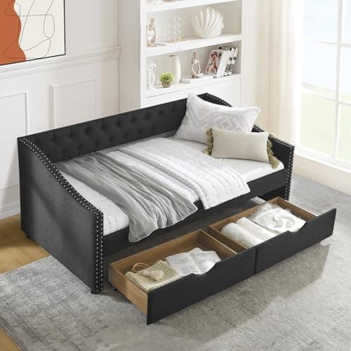 JEEOHEY Daybed with Storage, Linen Twin Sofa Bed with Nailhead Trim & 2 Drawers (Black)