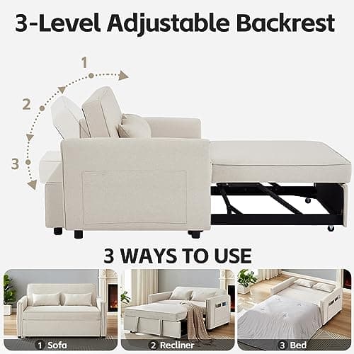 JEEOHEY 3-in-1 Convertible Sleeper Sofa Bed, 54 Linen Fabric Modern Pull Out Couch Bed, Comfy Futon Love Seat Sofa with Adjustable Backrest & Pillows, Beige