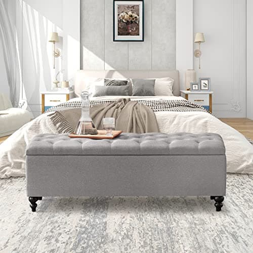 Upholstered Fabric Storage Ottoman Bench - 50.2 Inches, Button Tufted, Grey
