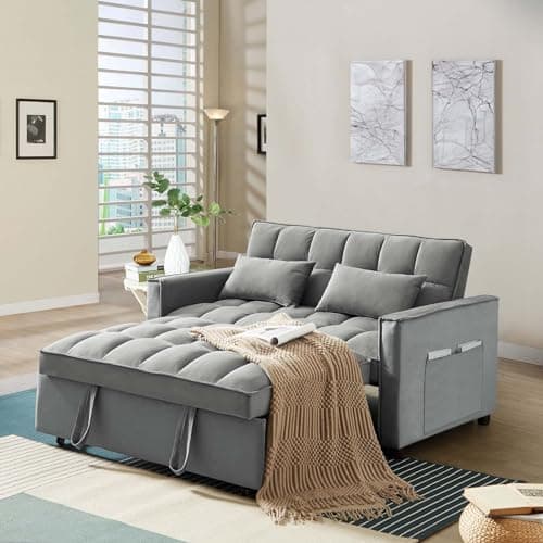 Convertible Sleeper Sofa Bed, Velvet Upholstered Futon Couch with Adjustable Backrest (Grey)