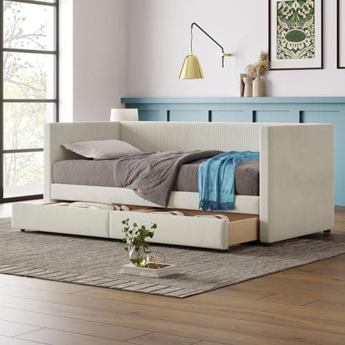 Velvet Daybed with Storage Drawers and Striped Headboard Design