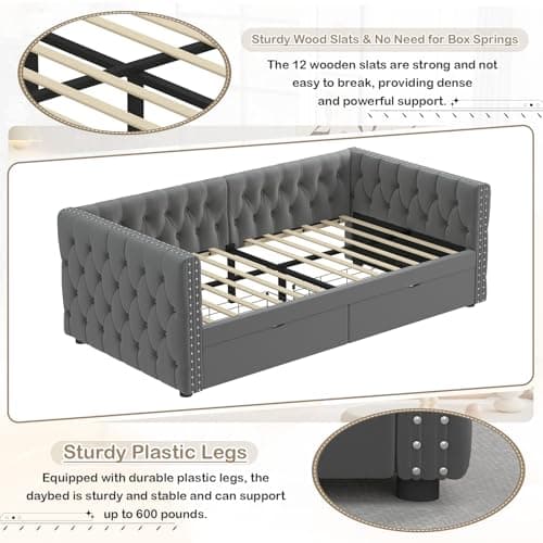 Velvet Upholstered Twin Daybed with Storage Drawers and Nailhead Trim