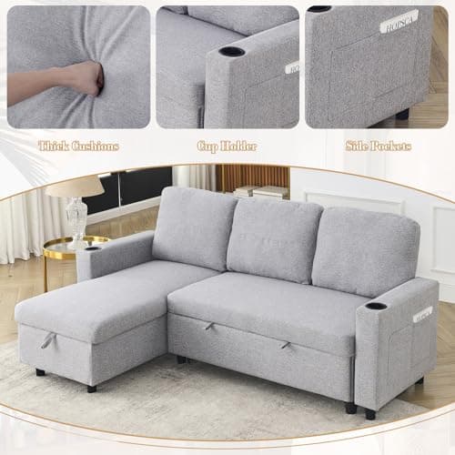 Linen L Shape Couch Sofa with Storage Chaise&Sleeper Pull Out Bed