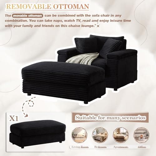Modern Oversized Chaise Lounge Chair with Ottoman, Corduroy Upholstered, Black (1 Seater)