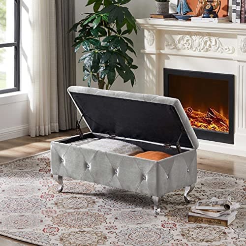 Velvet Upholstered Storage Ottoman Bench with Safety Hinge and Padded Seat in Grey