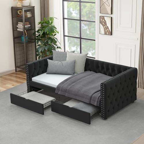 Velvet Upholstered Twin Daybed with Storage Drawers and Nailhead Trim
