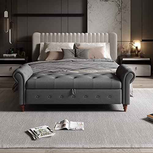 Button Tufted Storage Bench for Bedroom, Linen Fabric Upholstered Ottoman Bench (Dark Grey)