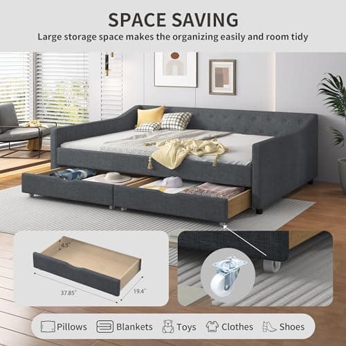 Upholstered Daybed with Drawers, Wood Frame Sofa Bed, Button Tufted Backrest, Linen Fabric, Dark Gray