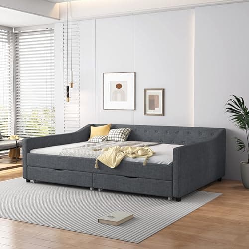 Upholstered Daybed with Drawers, Wood Frame Sofa Bed, Button Tufted Backrest, Linen Fabric, Dark Gray