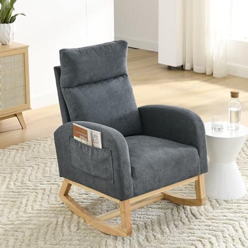 Modern Nursery Rocking Chair with Side Pockets & Solid Wood Legs (Fabric-Beige)