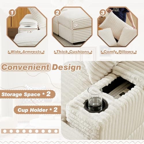 Oversized Chaise Lounge Chair with Ottoman, Corduroy Upholstered Sofa Couch, Storage Spaces&Cup Holder, Reclining Sleeper Chair for Living Room, Office.