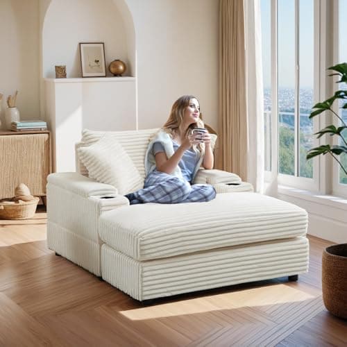 Oversized Chaise Lounge Chair with Ottoman, Corduroy Upholstered Sofa Couch, Storage Spaces&Cup Holder, Reclining Sleeper Chair for Living Room, Office.