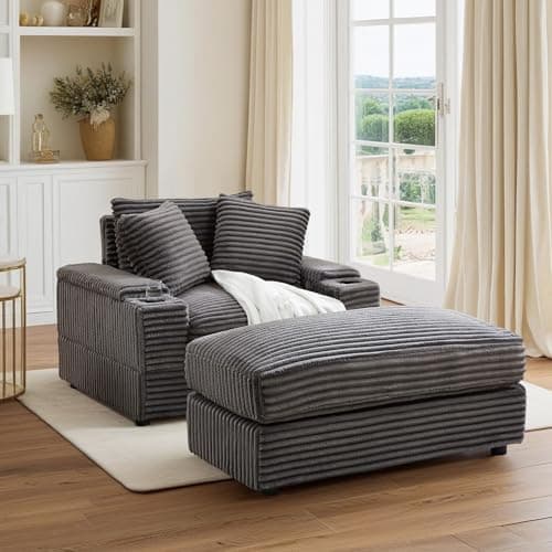 Oversized Chaise Lounge Chair with Ottoman and Storage for Living Room or Office (Grey)