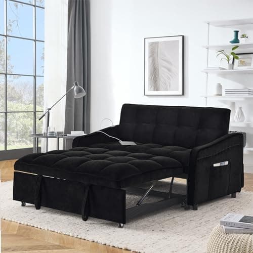 Modern Velvet Sleeper Sofa Couch with USB Port, Pull Out Bed, Curved Armrest - Grey