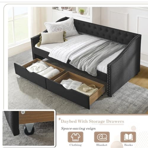 JEEOHEY Daybed with Storage, Linen Twin Sofa Bed with Nailhead Trim & 2 Drawers (Black)