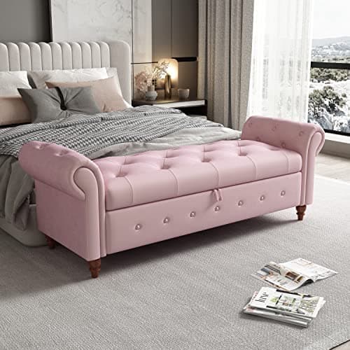 Button Tufted Storage Bench for Bedroom, Linen Fabric Upholstered Ottoman Bench (Dark Grey)