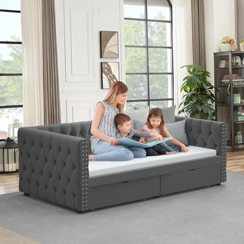 Velvet Upholstered Twin Daybed with Storage Drawers and Nailhead Trim