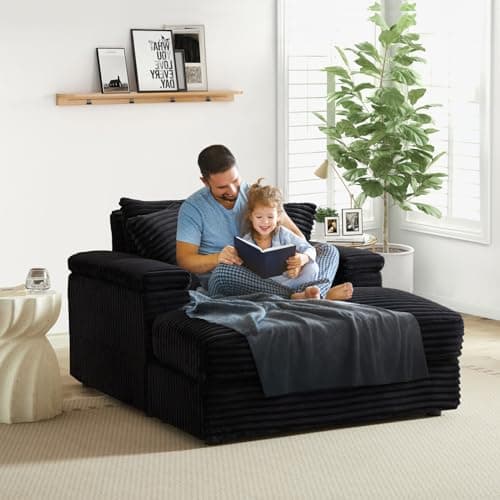 Modern Oversized Chaise Lounge Chair with Ottoman, Corduroy Upholstered, Black (1 Seater)