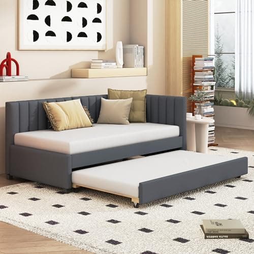 Velvet Daybed with Storage Drawers and Striped Headboard Design