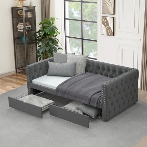 Velvet Upholstered Twin Daybed with Storage Drawers and Nailhead Trim