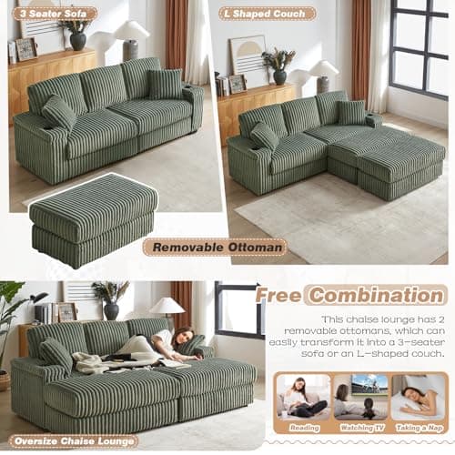 Oversized Chaise Lounge Chair with Ottoman and Storage Space for Living Room, Office (3 Seater, Green)