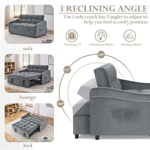 Modern Velvet Sleeper Sofa Couch with USB Port, Pull Out Bed, Curved Armrest - Grey