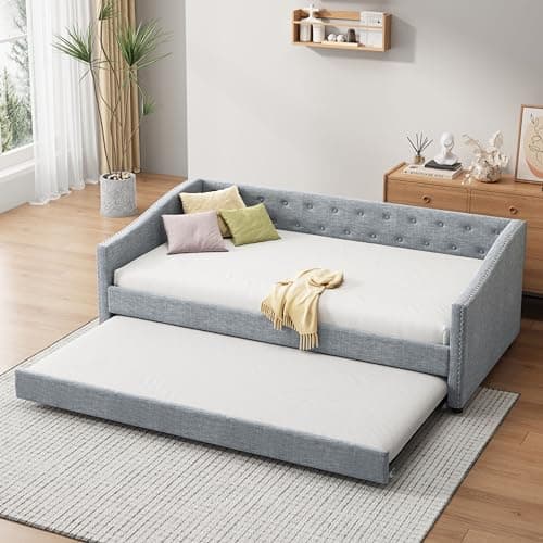 Upholstered Daybed with Drawers, Wood Frame Sofa Bed, Button Tufted Backrest, Linen Fabric, Dark Gray